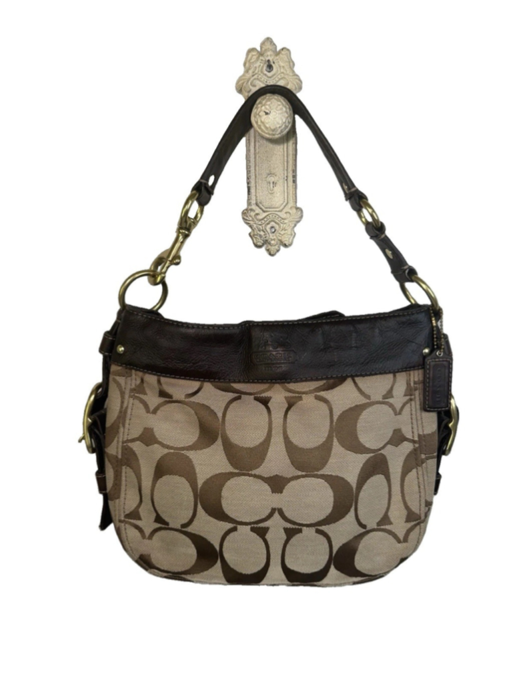 Vintage Coach 12657 Zoe Signature Brown Khaki Hobo Bag Jaquard Shoulder Purse